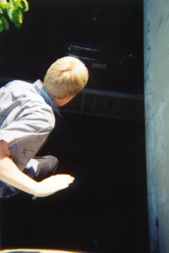 Ben jumping 10 feet down into some planters at the mall